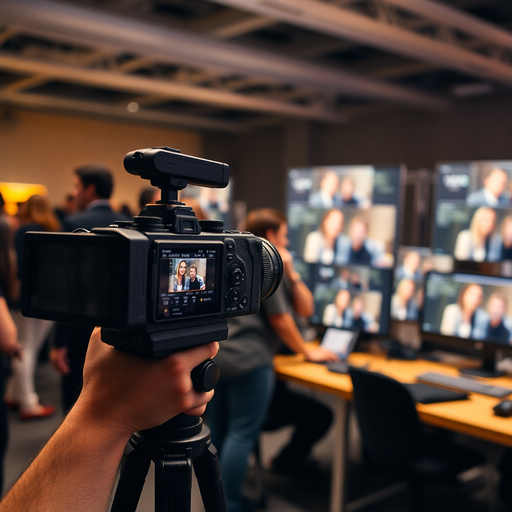 Event photography and content creation, professional camera capturing moments, post-production editing workspace