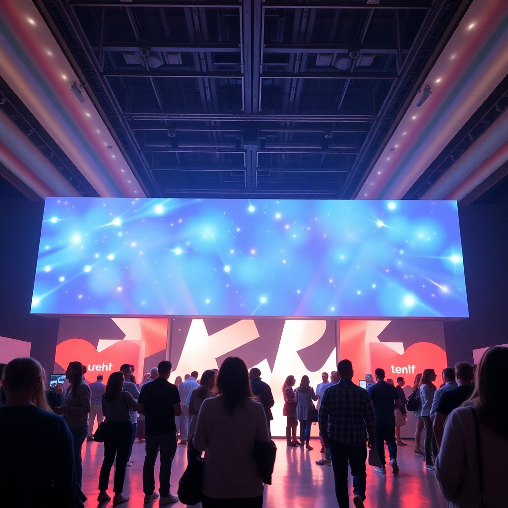 Brand activation event with immersive lighting, modern installation, people experiencing brand moment