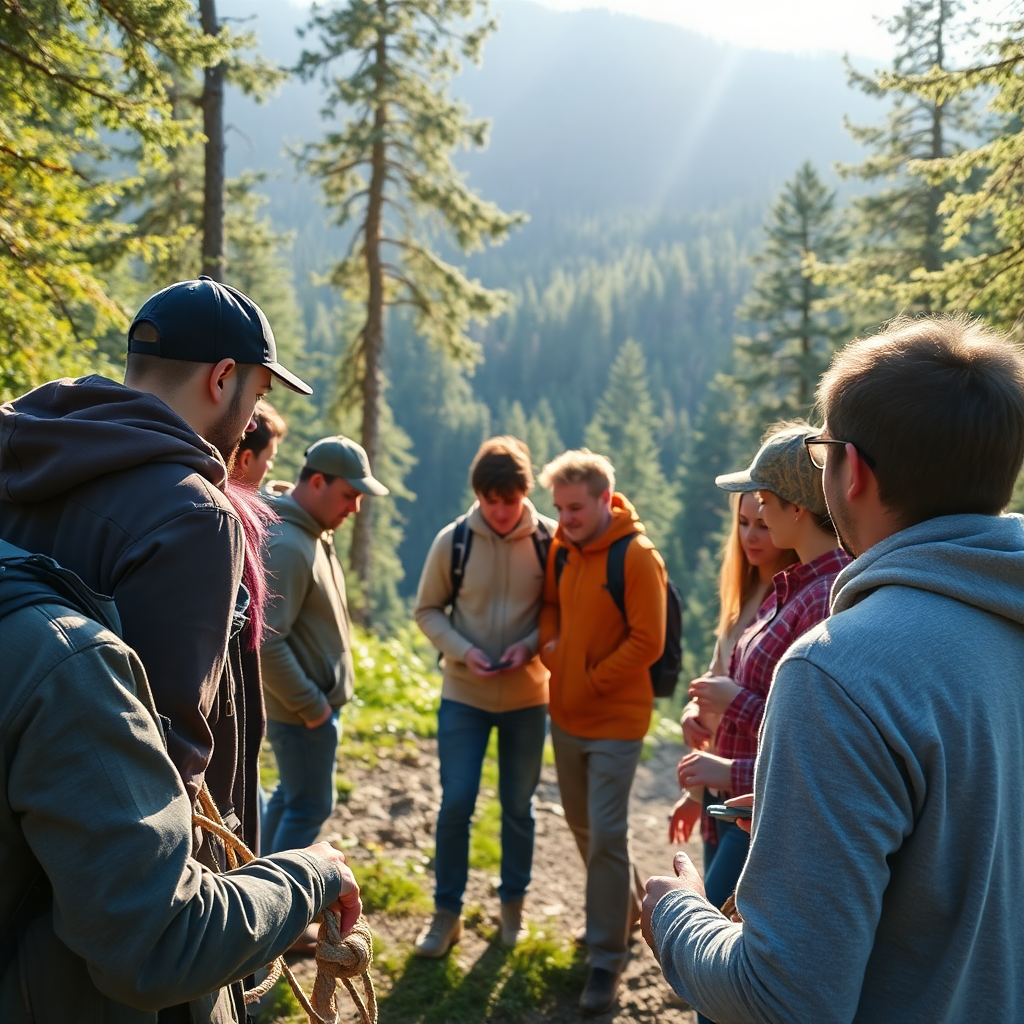 Team building activity outdoors, people collaborating, adventure and teamwork, natural lighting